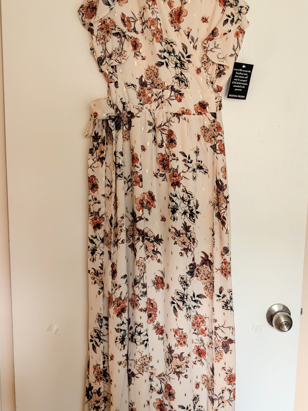 Boston Proper Ivory Metallic Wrap Maxi Dress with Rust, Green & Black Floral